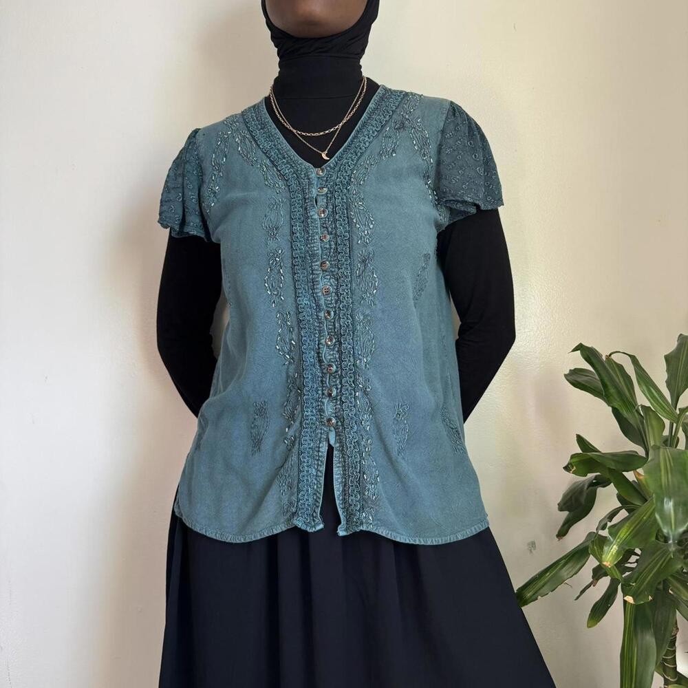 Vintage‎ 90s Teal floral Beaded Boho Cardigan Top size 36 fits like M